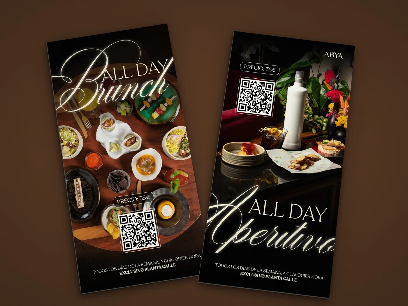 Flyers verticales de All Day Brunch y All Day Aperitivo de Abya