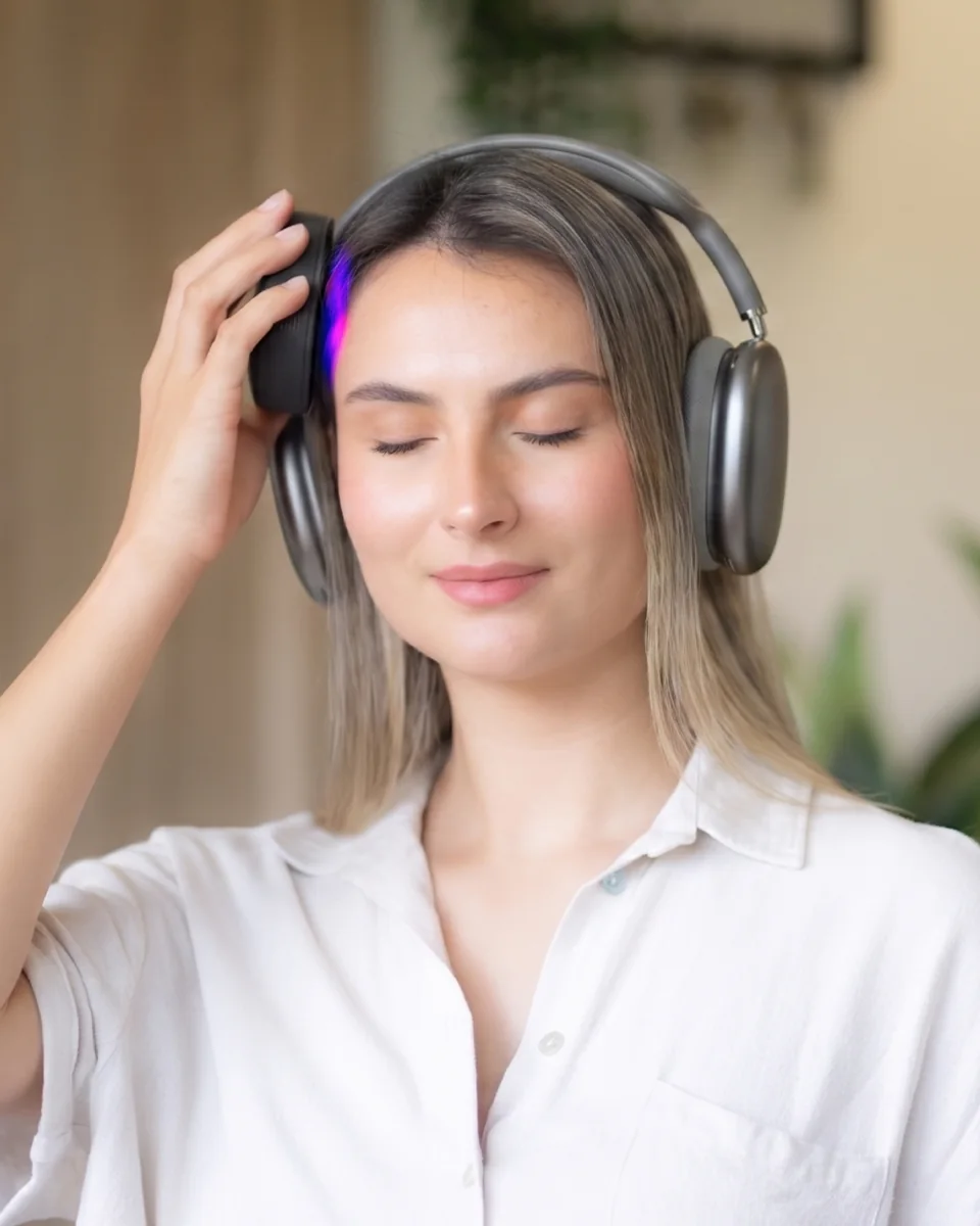 Imagen generada con IA: mujer con los ojos cerrados usando nůa con luz violeta