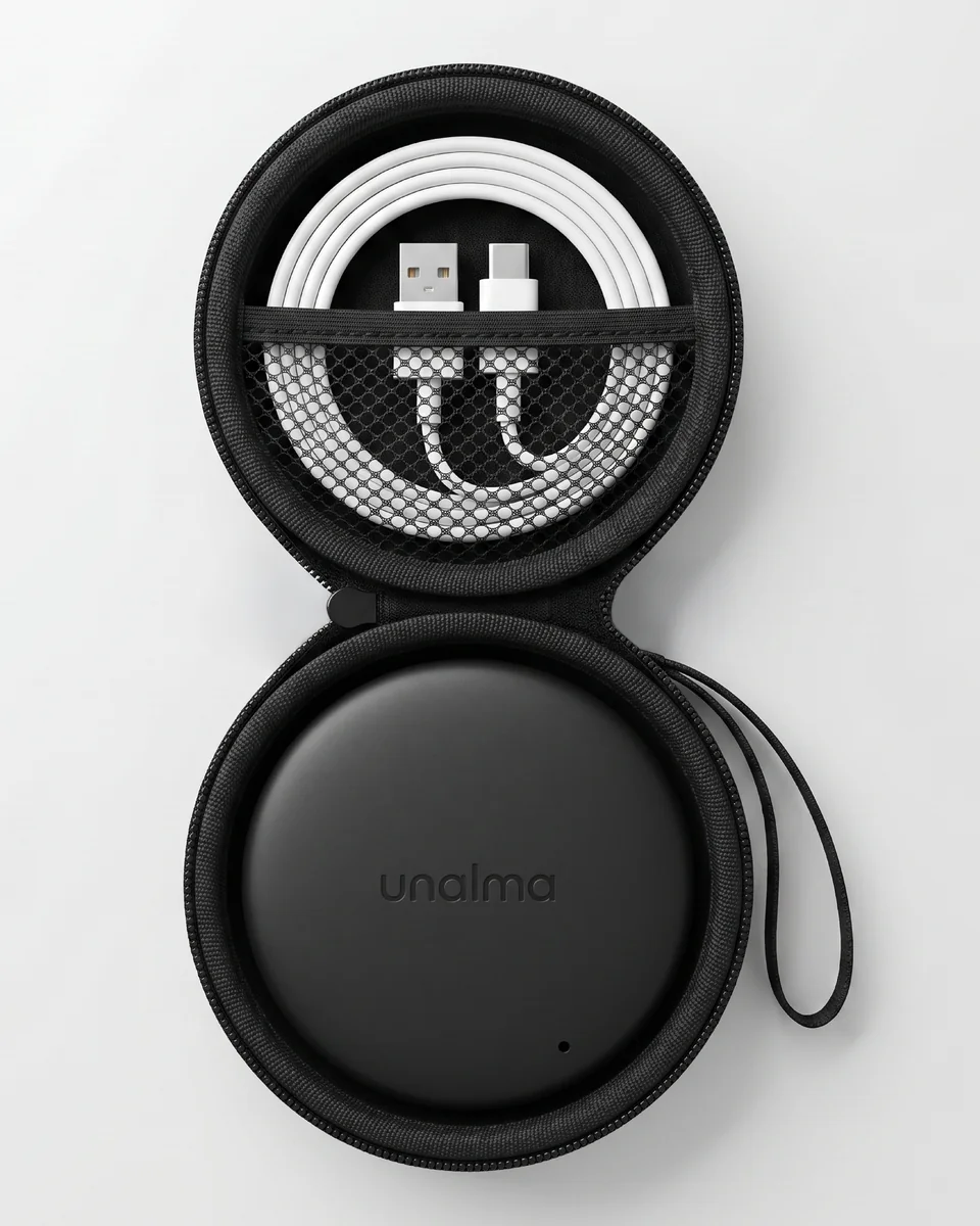 Imagen generada con IA: estuche de nůa abierto con el dispositivo y su cable