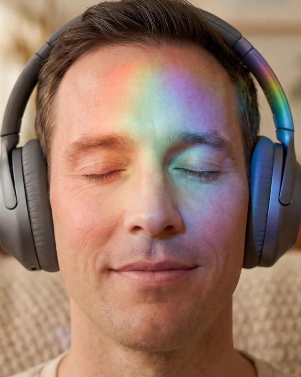 Imagen generada con IA: hombre relajado con luz de colores sobre el rostro