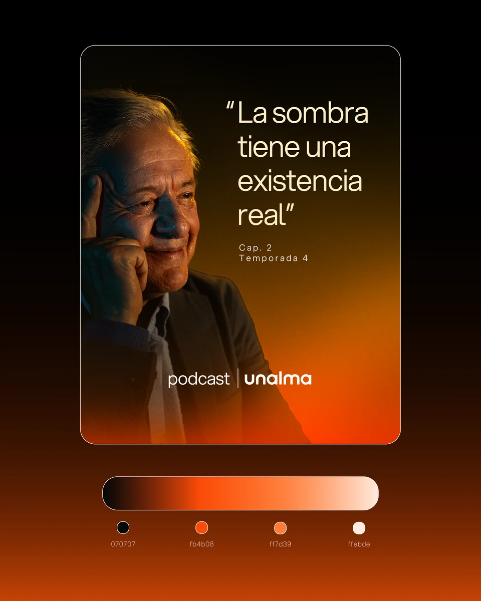 Pieza de cita del podcast, La sombra tiene una existencia real, con la paleta del podcast: 070707, fb4b08, ff7d39 y ffebde